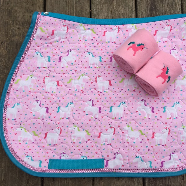 Saddle Pad English Horse or Pony Size UNICORNS Custom with Bling and Unicorn Polo Wraps