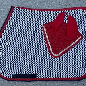 Saddle Pad with Matching Fly Bonnet Horse and Pony Size Red White Blue