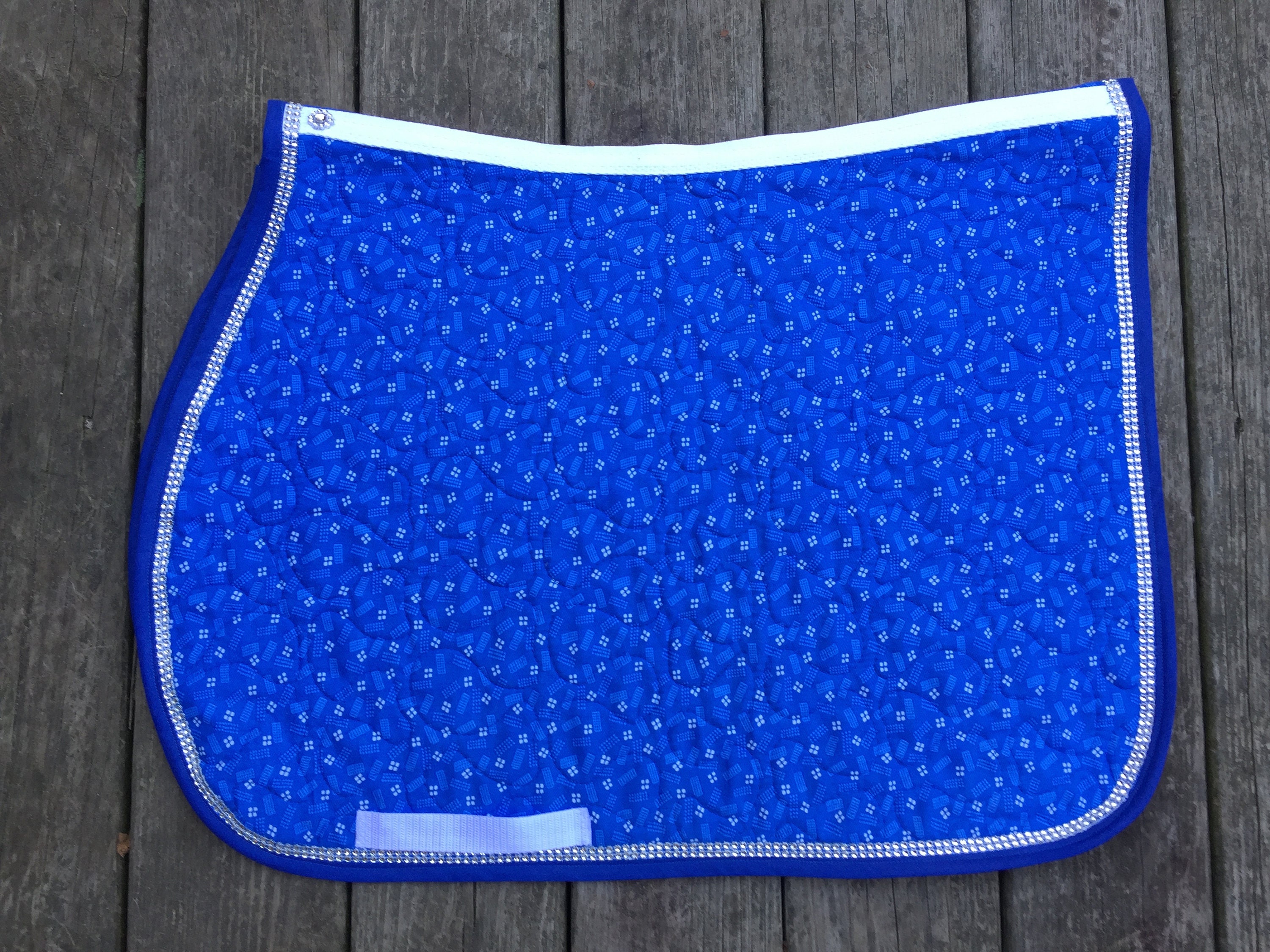 Saddle Pad Custom Horse or Pony Size English Saddle Pad in a Blue and White Print with Clear Bling Trim