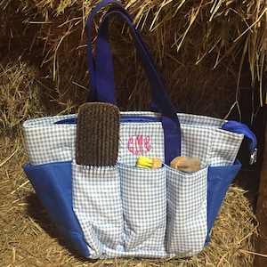 Monogrammed Grooming Tack Bag Blue and White Check Equestrian Bucket Tack Tote