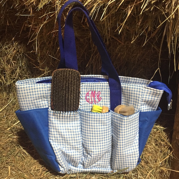 Monogramm Grooming Tack Bag Blau und Weiß Karo Reiter Eimer Tack Tasche