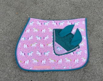 Saddle Pad English Horse or Pony Size UNICORNS Custom with Bling and Unicorn Polo Wraps