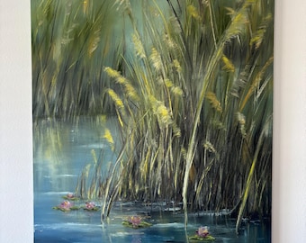 Modern Large Wall Art, Pond and Lily Oil Painting, Stretched Canvas, Wall Art Nature “Tranquility”