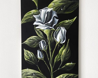 Modern Art, White Roses Oil Painting | Large Minimalist Floral Canvas Art