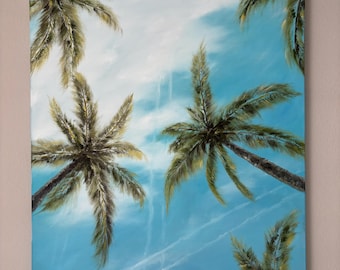 Modern Large Palm Tree Oil Painting on Canvas, Large Wall Art Coastal Beach “Summer Skies”