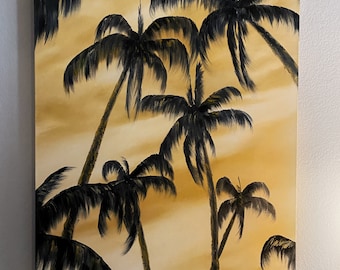 Modern Art Palm Trees Sunset Oil Painting: Coastal Beach Canvas Home Decor