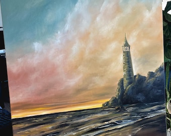 Large Wall Art Seascape Lighthouse Oil Painting, Stretched Canvas “Vibrant Light”
