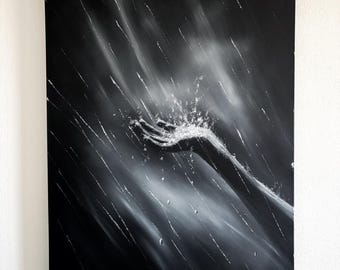 Modern Art Minimalist Black and White Wall Art, Oil Painting, Stretched Canvas “Renewed Hope”  Hand in Rain