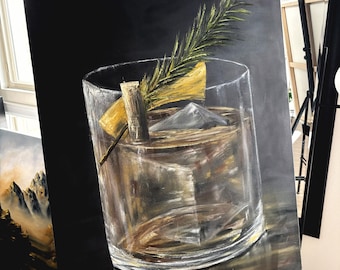 Large Wall Art Cocktail Old Fashioned Oil Painting, Stretched Canvas “Happy Hour”
