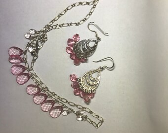 Vintage - Silver and Pink Necklace and Earring Set