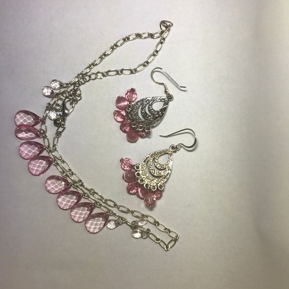 Vintage - Silver and Pink Necklace and Earring Set - image 1