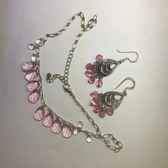 Vintage - Silver and Pink Necklace and Earring Set - image 2