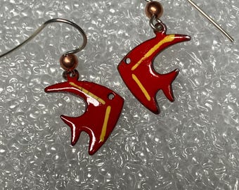 LotsaCopper Small Enameled Fish Earrings (Red and yellow)