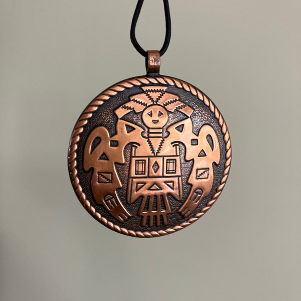 Vintage - Bell Trading Post, Copper Kachina Pendant on Black Leather Necklace