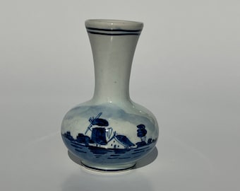 Vintage Dutch Pottery marked "DELJI Hol," Small Vase, Blue and White