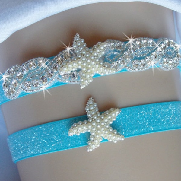 Beach Wedding Garter, Starfish Bridal Garter, Something Blue Destination Garter Set, Wedding Garters and Lingerie