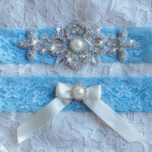 Liga de renda azul, liga algo azul, liga de noiva, liga de casamento, conjunto de liga de strass