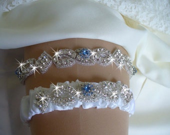 Wedding Garter Blue , Wedding Garter Set, Something Blue Garter Set, Rhinestone Garter Belts, Wedding Lingerie, Garter and Toss Garter