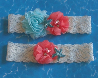 Beach Wedding Garter, Coral and Aqua Garter Set, Starfish Garter, Toss Garter, Something Blue Bridal Garter, Beach Garter, Wedding Garder