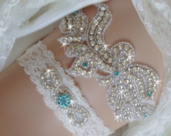 Boda, Juego de ligas de boda, Algo de liga azul, Liga nupcial, Liga de boda Cristal de diamantes de imitación, Wedding Garder, Lencería nupcial