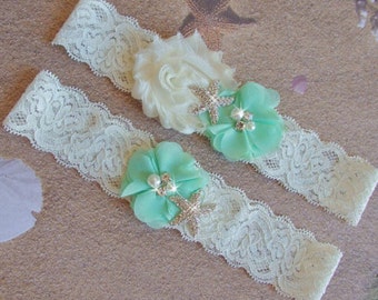 Mint Beach Hochzeit Strumpfband Set, Seestern Braut Strumpfband Gürtel, weiße Spitze Hochzeit Strumpfband, grüne Strumpfband Set, Ziel Hochzeit Strumpfband