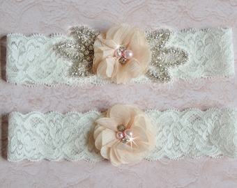 Soft Pink Rustic Ivory Vintage Lace Wedding Garter Belt Set w Pearls Victorian Blush Pale Rose Baby Petal Dusty Twine