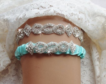 Aqua Wedding Garter, Glam Bridal Garter Set, Rhinestone Garter, Something Blue Garter, Glam Wedding Garter, Keepsake Garter with Toss Garter