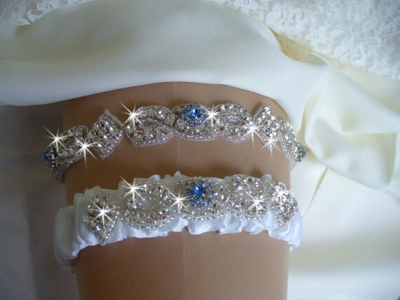 GARGALA Wedding Garters for Bride Garter Ivory Blue Garter Bridal Garter with Rhinestone Satin Bow Plus Size Option