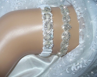 Bling Crystal Wedding Garter Set, Heirloom Wedding Garter, Wedding Garder, Bridal Garters, Something Blue Garter, Rhinestone Garter Belts