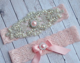 Sparkle and Lace Wedding Garter Set, Blush Bridal garter, Rhinestone Keepsake Garter Set, Something Blue Crystal Garter, Bling Garter Set