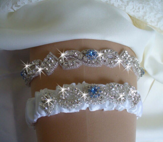 Wedding Accessories, Something Blue Wedding Garter Set, Rhinestone Wedding Garter Belt, Bridal Garter Set, Sapphire Birthstone Garter Belt