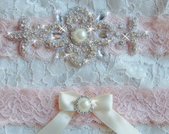 Blush Lace Wedding Garter Set, Wedding Dress Garter, Bridal Garter, Blush Pink Wedding Garter, Rhinestone Garter Set, Wedding Garder