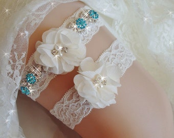 Wedding Garter Set, Something Blue Garter, Rhinestone Bridal Garter Belts, Lace Bridal Garter, Toss Garter, Aqua Blue Garter, Wedding Garder