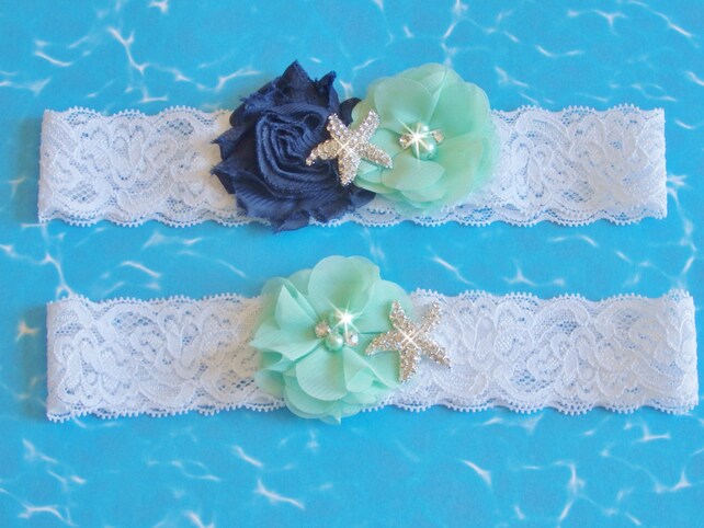 Mint Beach Wedding Garter Set Starfish Bridal Garter Belts White