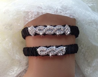 Black Wedding Garter Set, Keepsake Garter with Toss Garter, Glam Bridal Garter Set, Rhinestone Wedding Garter, Garter, Glam Wedding Garter,