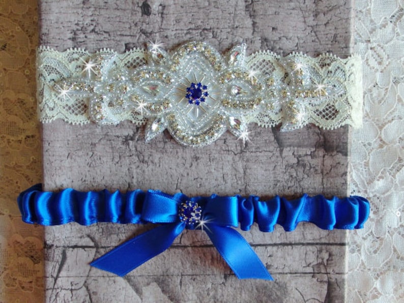 Wedding Dress Wedding Garder Something Blue Garter Rhinestone Garter Lace and Satin Bridal Garter Royal Blue Wedding Garter Set