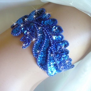 Puede incluir: Una liga azul con lentejuelas con un dise&ntilde;o de hoja. Las lentejuelas son iridiscentes y brillan a la luz.