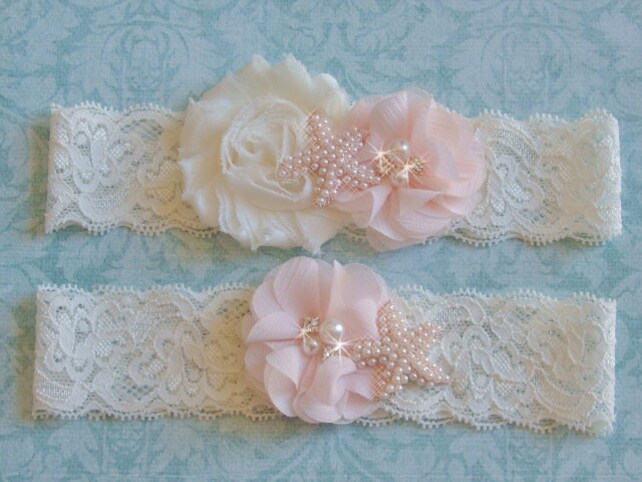 Blush Pink Garter With Starfish Ivory Lace Beach Wedding Garter