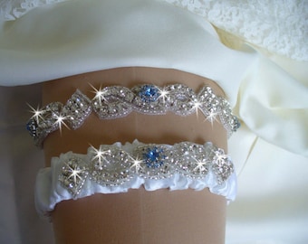 Sparkle Wedding Garter Set, Rhinestone Wedding Garter, Rhinestone Bridal Garter, Keepsake Garter, Something Blue Garter, Bridal Garder