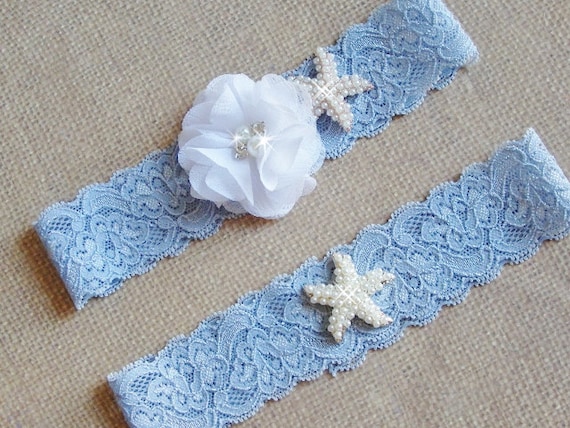 Blue Beach Wedding Garter Set, Starfish Bridal Garter Belts, Lace Wedding Garter, Pearl Garter Set, Destination Wedding Garter
