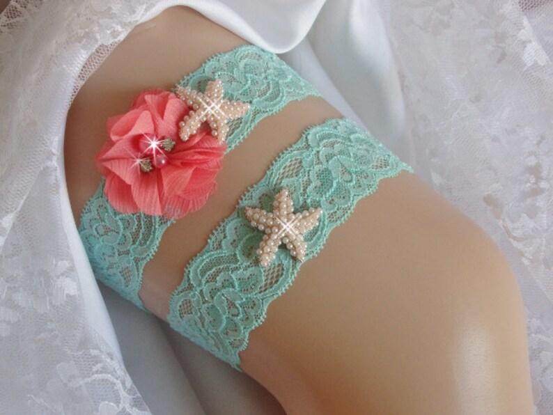 Mint Beach Garter Set Pearl Starfish Bridal Garter Belts Etsy