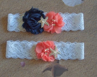 Garter, Beach Wedding Garter, Coral and Navy Garter Set, Starfish Garter, Beach Wedding Garter, Toss Garter, Beach Garter, Lace Garter