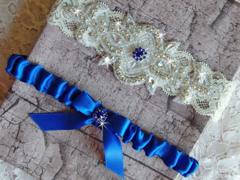 Wedding Dress Wedding Garder Something Blue Garter Rhinestone Garter Lace and Satin Bridal Garter Royal Blue Wedding Garter Set