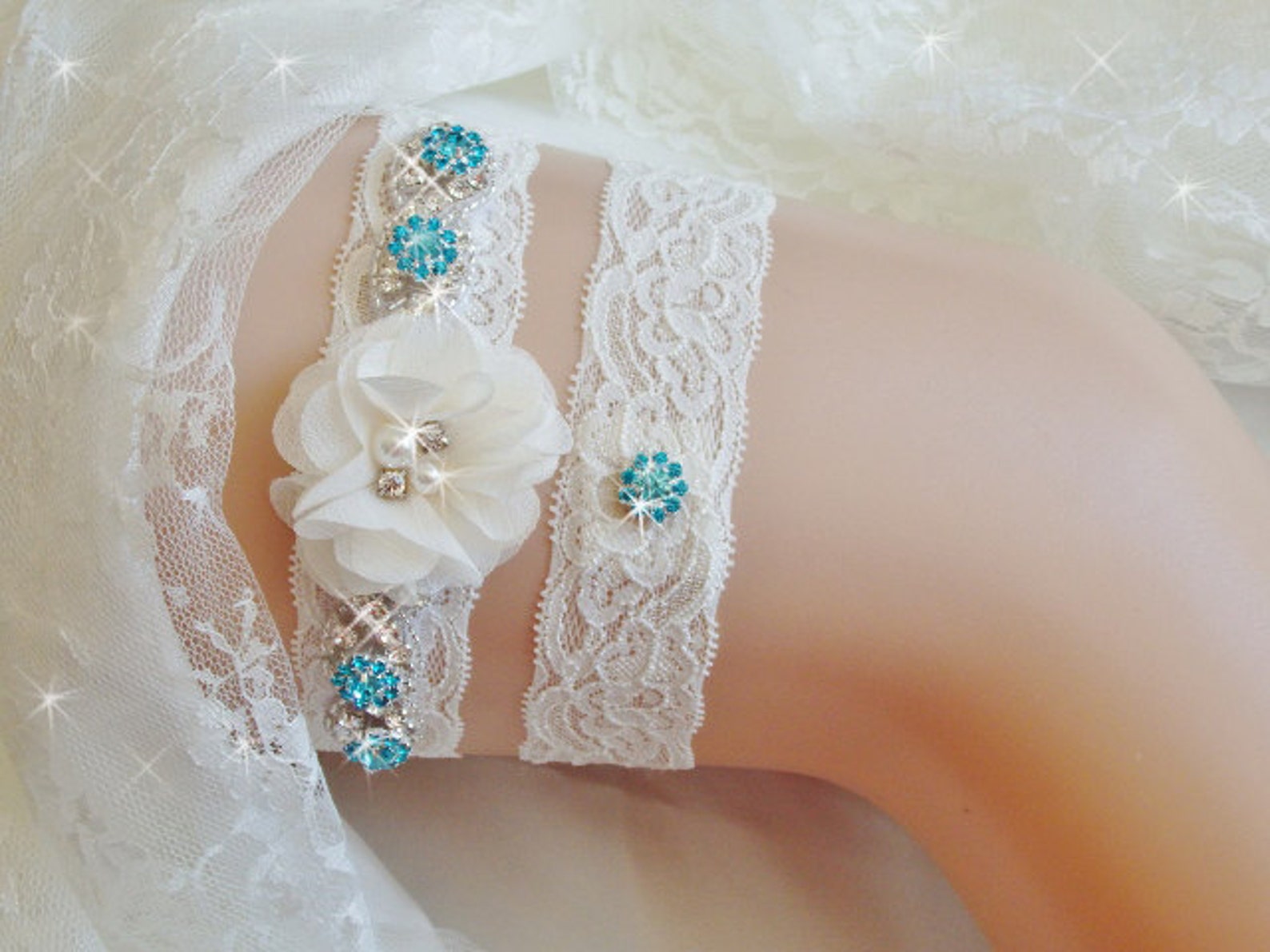 Lace Wedding Garter Set Bridal Garter Belts Aqua Wedding Etsy