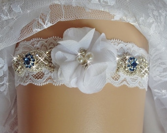 Something Blue Wedding Garter, Lace Bridal Garter, Sapphire Garters, Bridal Lingerie, Rhinestone Garter, Blue Crystal Bridal Accessories