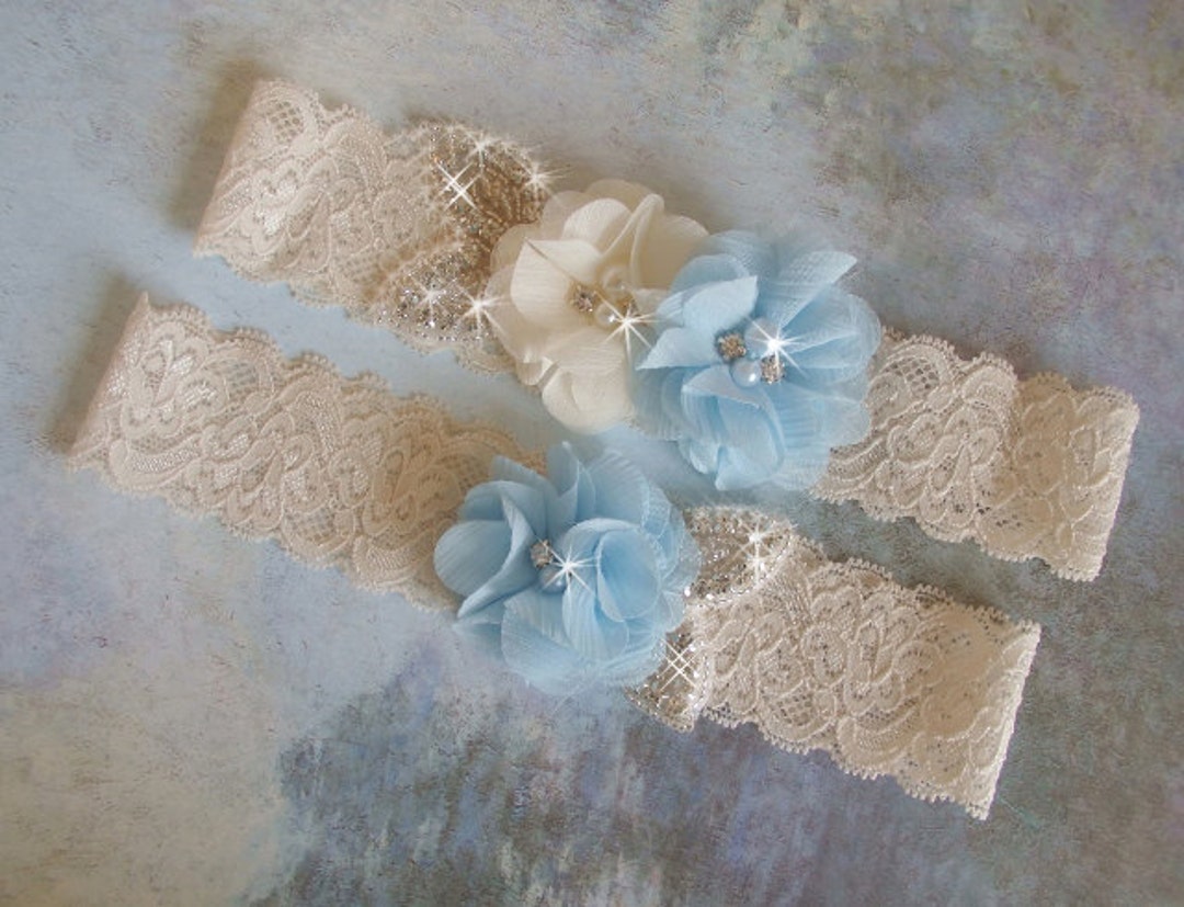 Lace Wedding Garter Set, Something Blue Wedding Garter, Bling Garter Belts, Bridal Garter, Lace