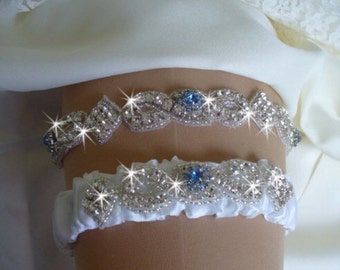 Wedding Garter Set, Something Blue Wedding Garter, Sapphire Rhinestone Garter,  Crystal Wedding Lingerie, Rhinestone Bridal Garter with Toss