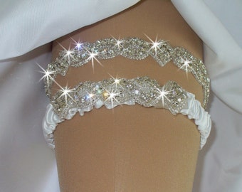 Rhinestone Wedding Garter Set, Bridal Garter Belts, Crystal Garter, White Wedding Garter, Ivory Keepsake, Garter, Something Blue Options