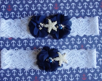 Navy Blue Beach Wedding Garter, Navy Blue Wedding Garter with Starfish, Something Blue Garter w/Toss, Pearl Starfish Destination Garter Set