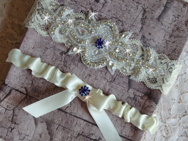 Wedding Dress Wedding Garder Something Blue Garter Rhinestone Garter Lace and Satin Bridal Garter Royal Blue Wedding Garter Set